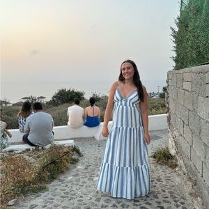 Blue and white striped maxi dress